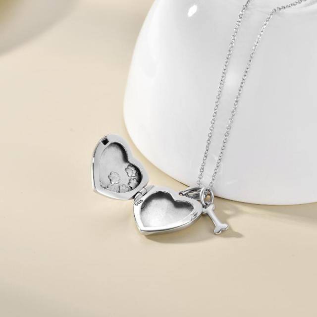 Sterling Silver Paw & Bone Heart Personalized Photo Locket Necklace-2