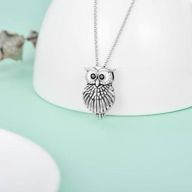Sterling Silver Circular Shaped Cubic Zirconia Owl Personalized Photo Locket Necklace with Engraved Word-2
