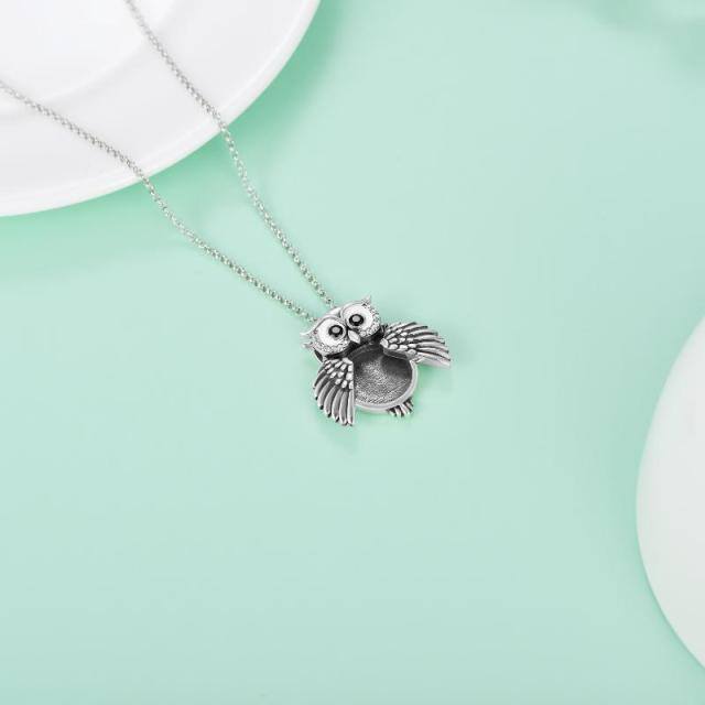 Sterling Silver Circular Shaped Cubic Zirconia Owl Personalized Photo Locket Necklace with Engraved Word-4