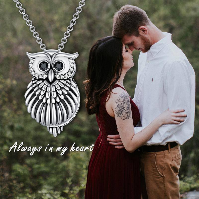 Sterling Silver Circular Shaped Cubic Zirconia Owl Personalized Photo Locket Necklace with Engraved Word-7