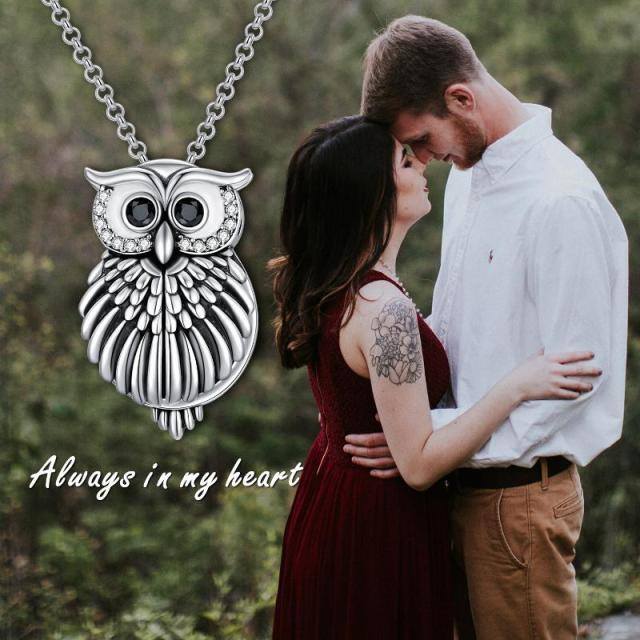 Sterling Silver Circular Shaped Cubic Zirconia Owl Personalized Photo Locket Necklace with Engraved Word-6