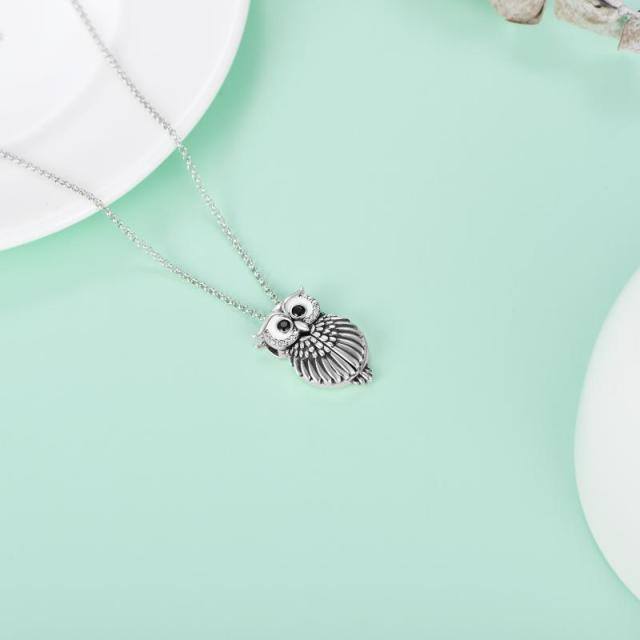 Sterling Silver Circular Shaped Cubic Zirconia Owl Personalized Photo Locket Necklace with Engraved Word-3