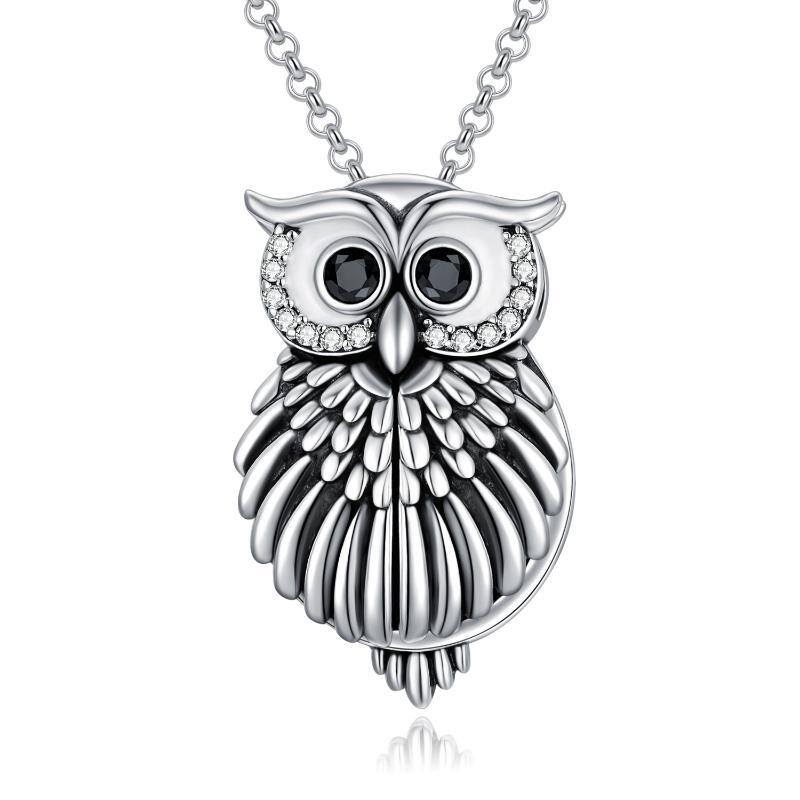 Sterling Silver Circular Shaped Cubic Zirconia Owl Personalized Photo Locket Necklace with Engraved Word-1