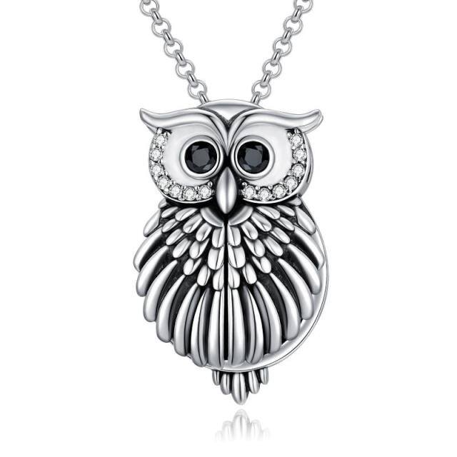 Sterling Silver Circular Shaped Cubic Zirconia Owl Personalized Photo Locket Necklace with Engraved Word-0