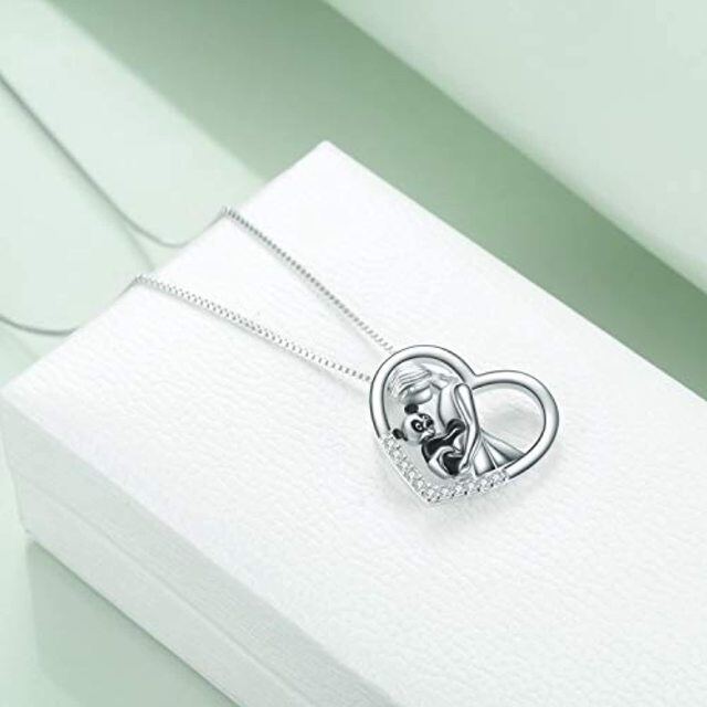 Sterling Silver Circular Shaped Cubic Zirconia Panda & Heart Pendant Necklace-2