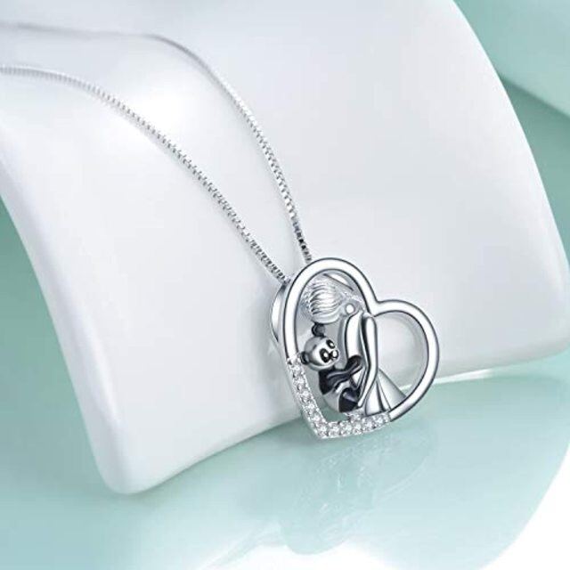 Sterling Silver Circular Shaped Cubic Zirconia Panda & Heart Pendant Necklace-3