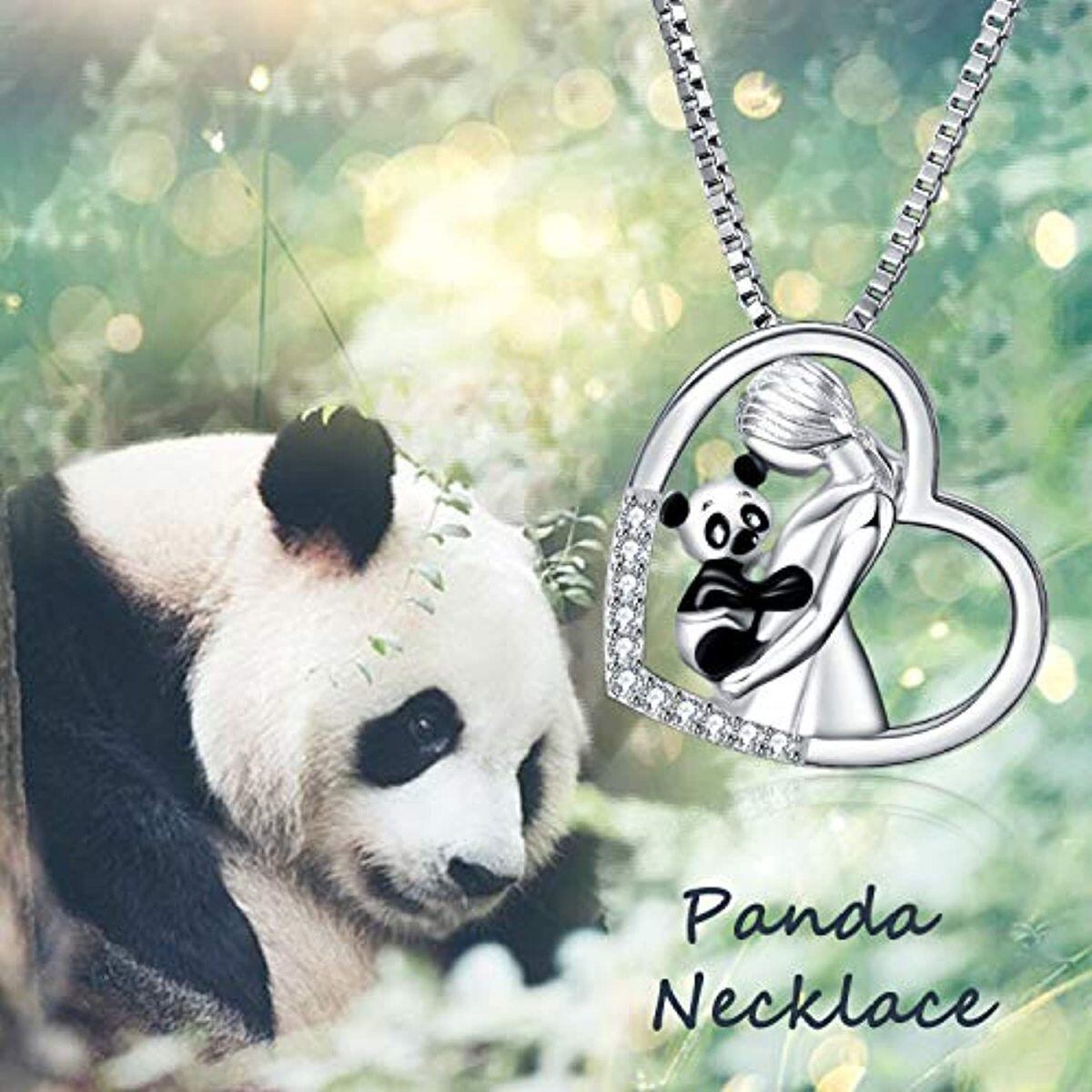 Sterling Silber kreisförmig Cubic Zirkonia Panda & Herz-Anhänger Halskette-6