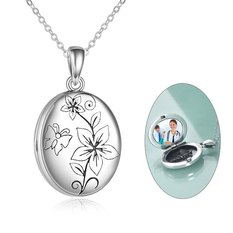 Sterling Silver Peach Blossom Personalized Photo Locket Necklace-1