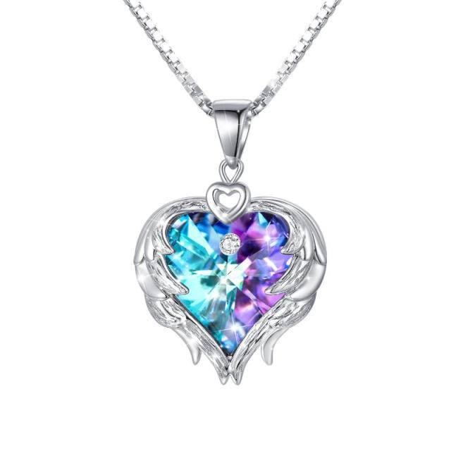 Sterling Silver Heart Angel Wing & Heart Crystal Pendant Necklace-0