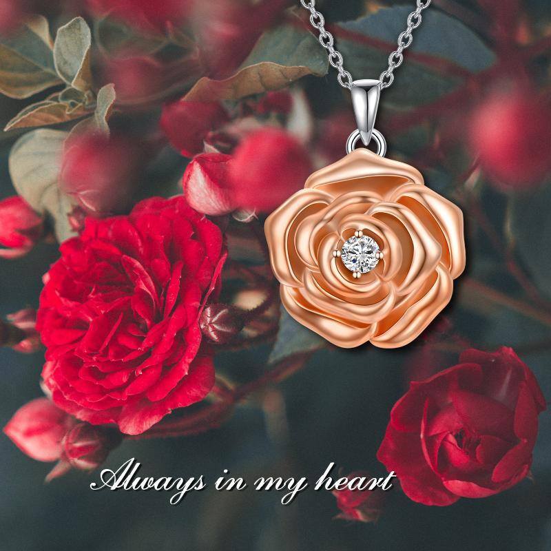 Sterling Silver Two-tone Circular Shaped Cubic Zirconia Rose Personalized Photo Locket Necklace-7