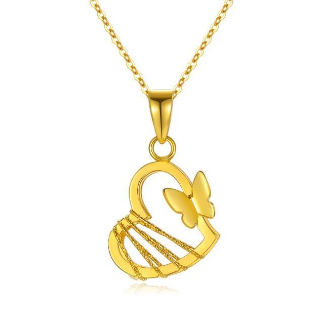 18K Gold Butterfly & Heart Pendant Necklace-0