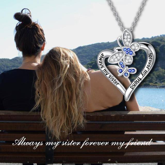 Sterling Silver Round Cubic Zirconia Butterfly & Heart Pendant Necklace with Engraved Word-4