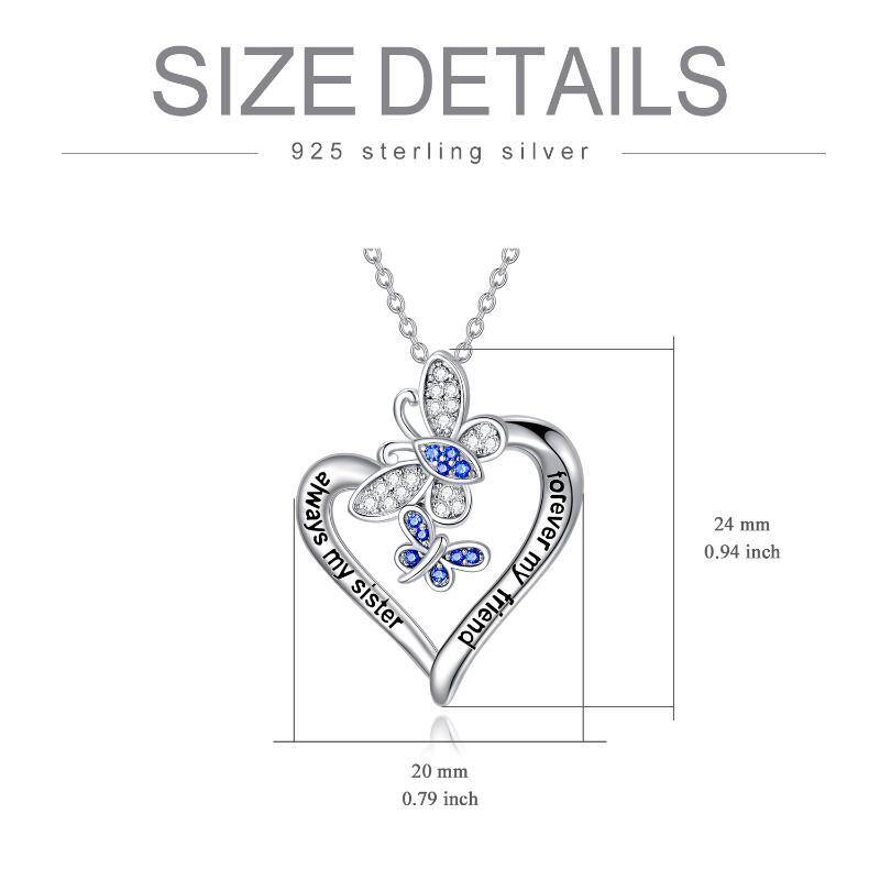 Sterling Silver Round Cubic Zirconia Butterfly & Heart Pendant Necklace with Engraved Word-6