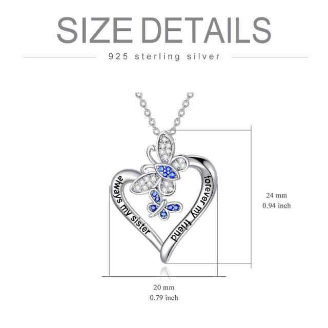 Sterling Silver Round Cubic Zirconia Butterfly & Heart Pendant Necklace with Engraved Word-5