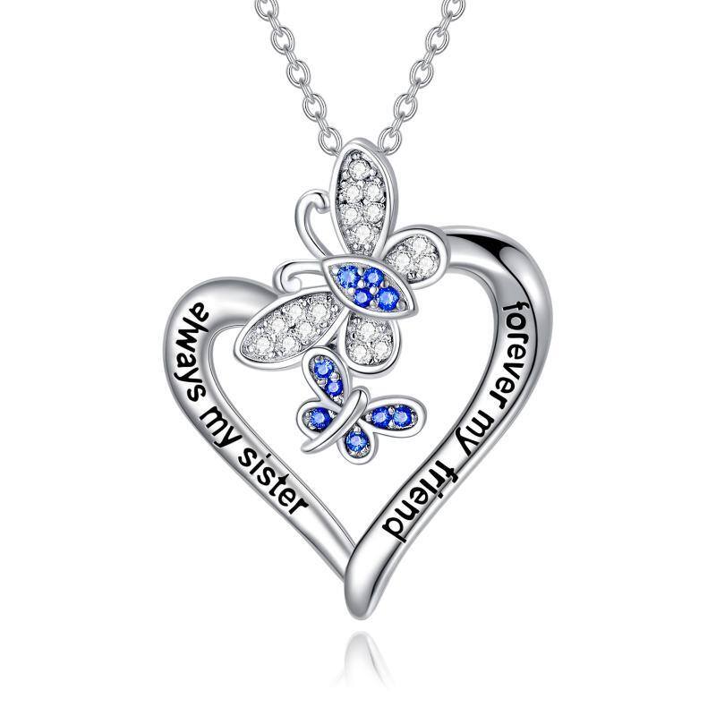 Sterling Silver Round Cubic Zirconia Butterfly & Heart Pendant Necklace with Engraved Word-1