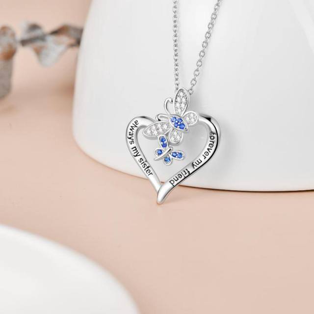Sterling Silver Round Cubic Zirconia Butterfly & Heart Pendant Necklace with Engraved Word-2