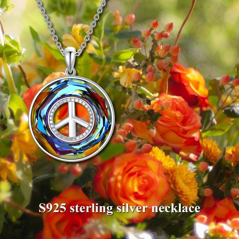 Sterling Silver Circular Shaped Peace Symbol Crystal Pendant Necklace-6