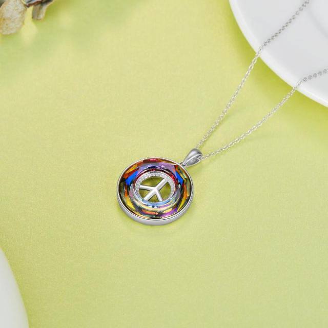 Sterling Silver Circular Shaped Peace Symbol Crystal Pendant Necklace-3