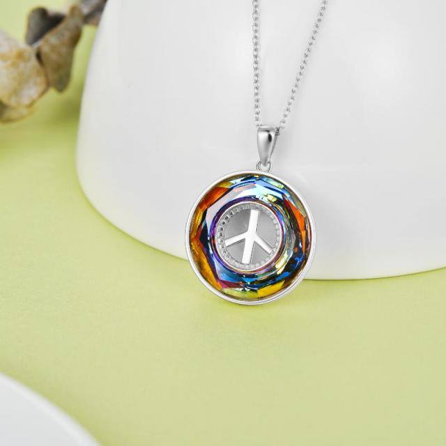 Sterling Silver Circular Shaped Peace Symbol Crystal Pendant Necklace-2