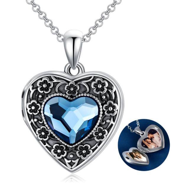 Sterling Silver Heart Shaped Crystal Peach Blossom Personalized Photo Locket Necklace with Engraved Word-1
