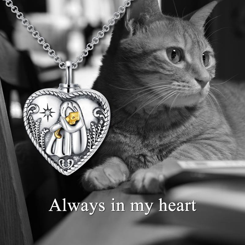 Sterling Silver Two-tone Circular Shaped Crystal Cat & Heart Urn Necklace for Ashes with Engraved Word-7