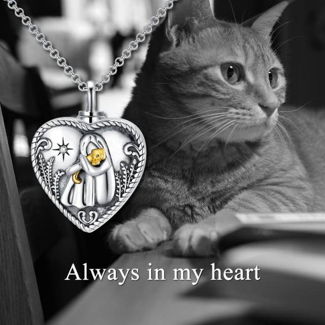 Sterling Silver Two-tone Circular Shaped Crystal Cat & Heart Urn Necklace for Ashes with Engraved Word-6