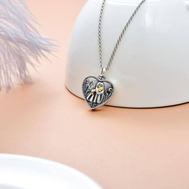 Sterling Silver Two-tone Circular Shaped Crystal Cat & Heart Urn Necklace for Ashes with Engraved Word-2