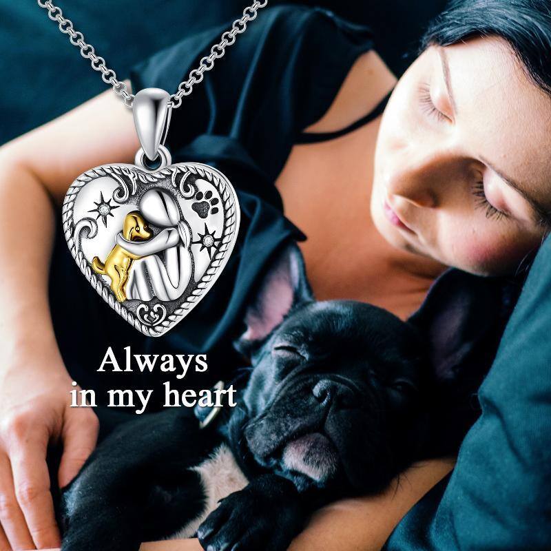 Sterling Silver Round Cubic Zirconia Dog & Heart Personalized Photo Locket Necklace with Engraved Word-7