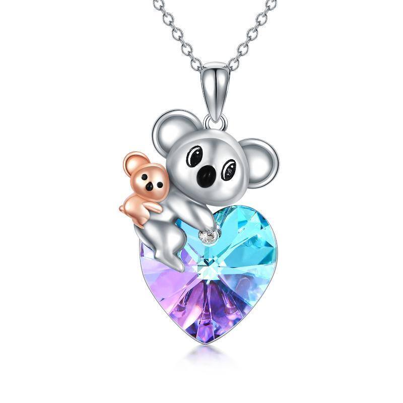 Sterling Silver Two-tone Heart Shaped Koala & Mother Crystal Pendant Necklace-1