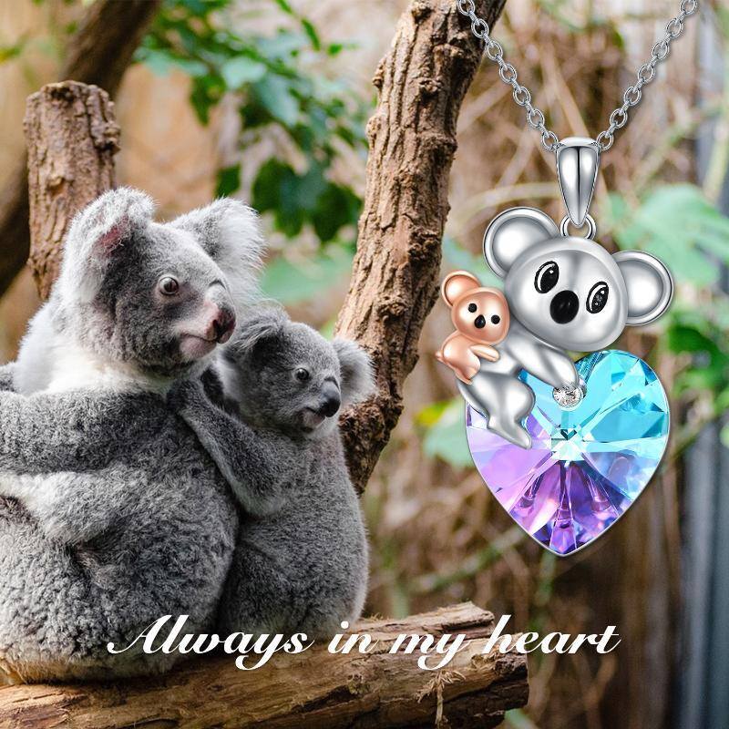Sterling Silver Two-tone Heart Shaped Koala & Mother Crystal Pendant Necklace-6