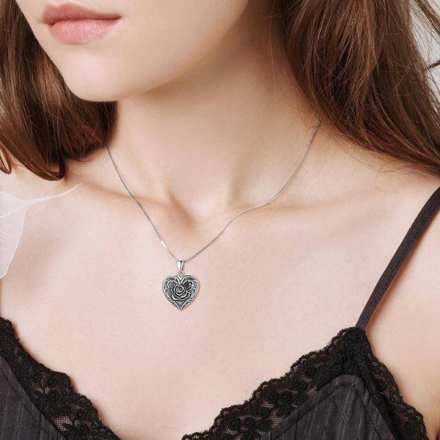 Pingente de prata esterlina com coração e rosa Gravação personalizada e colar com medalhão de fotos-1