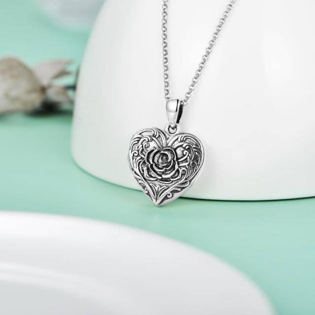 Pingente de prata esterlina com coração e rosa Gravação personalizada e colar com medalhão de fotos-3