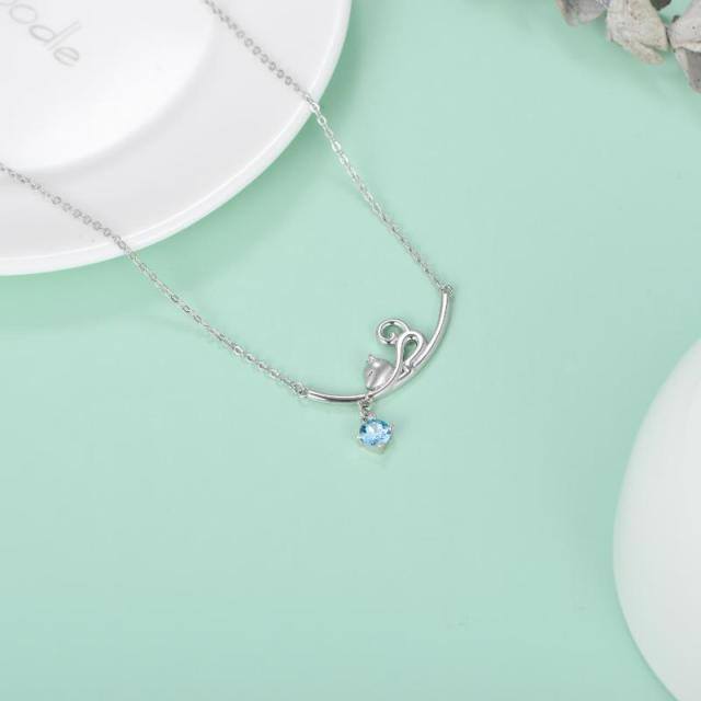 Sterling Silver Circular Shaped Crystal Cat & Heart Pendant Necklace-3