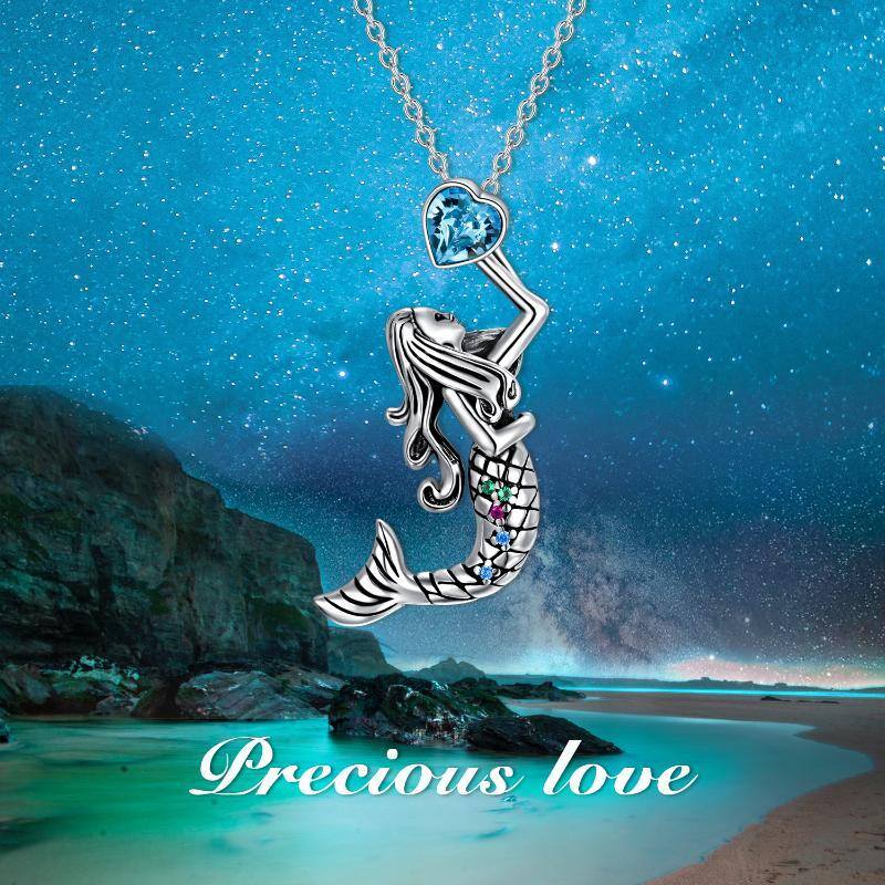 Sterling Silver Heart Shaped Crystal Mermaid Pendant Necklace-6