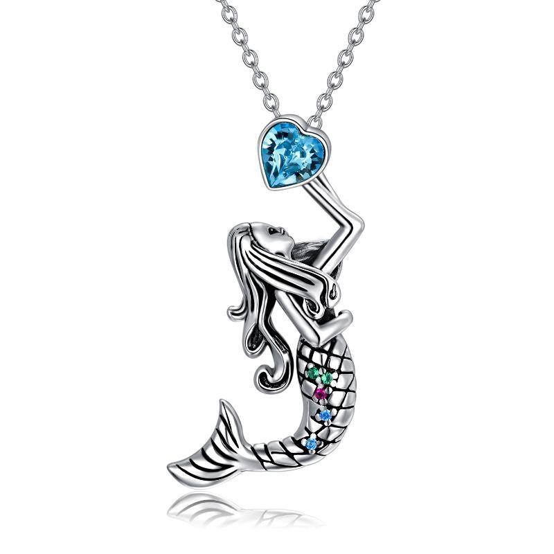 Sterling Silver Heart Shaped Crystal Mermaid Pendant Necklace-1