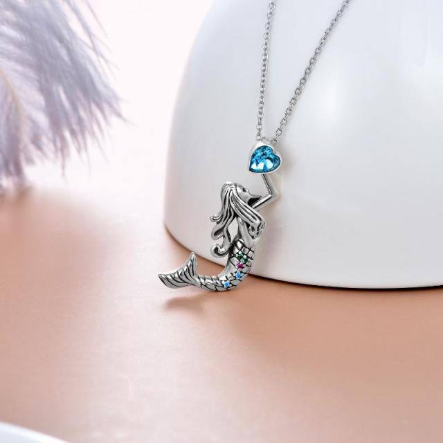 Sterling Silver Heart Shaped Crystal Mermaid Pendant Necklace-2