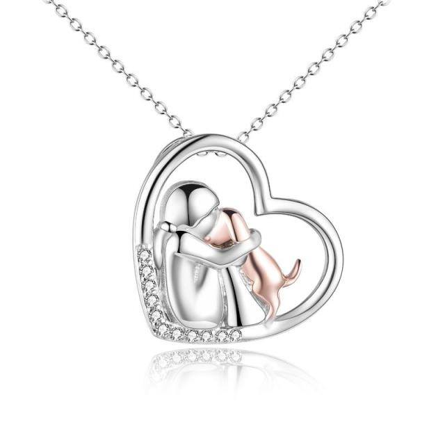 Sterling Silver Two-tone Zircon Dog & Heart Pendant Necklace-5