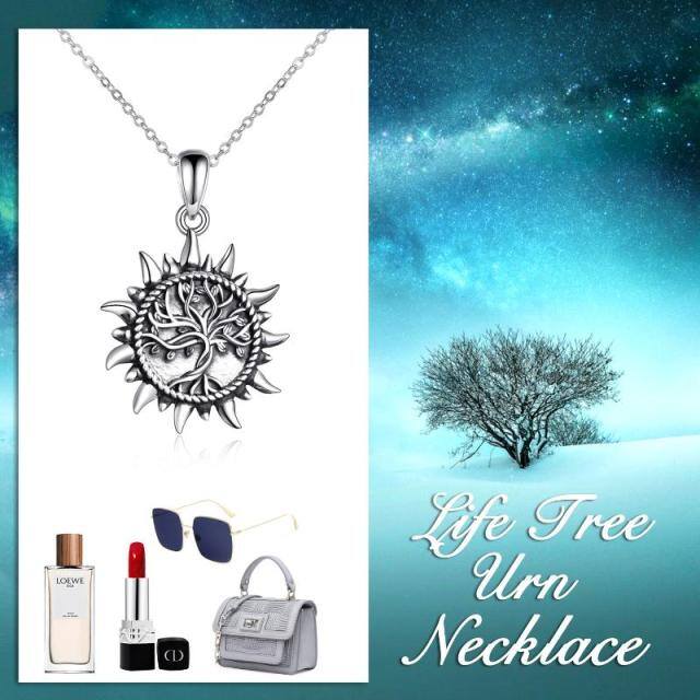 Collier en argent sterling pour cendres, arbre de vie et soleil-3