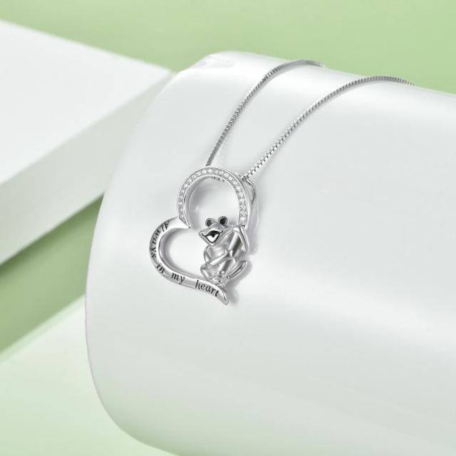 Sterling Silver Cubic Zirconia Frog & Heart Pendant Necklace with Engraved Word-3