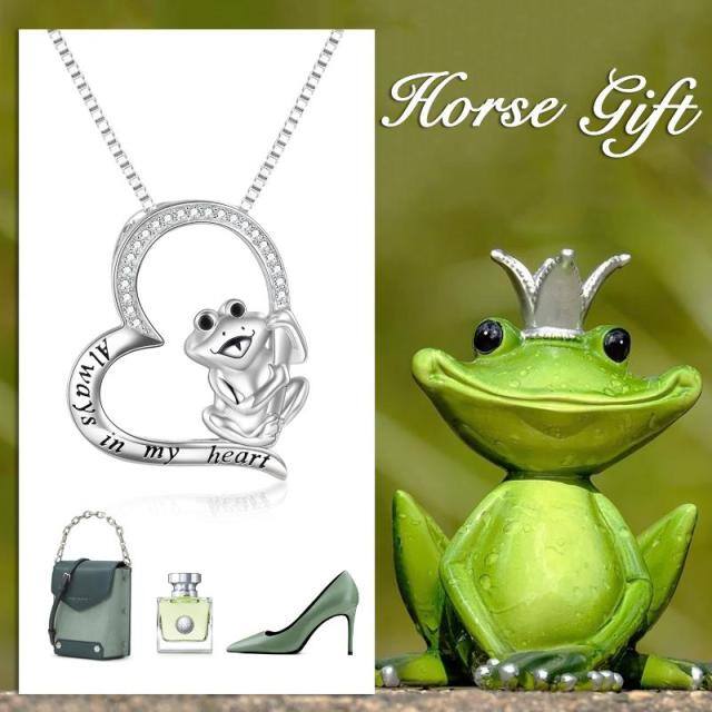 Sterling Silver Cubic Zirconia Frog & Heart Pendant Necklace with Engraved Word-4