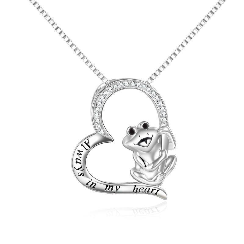 Sterling Silver Cubic Zirconia Frog & Heart Pendant Necklace with Engraved Word-1