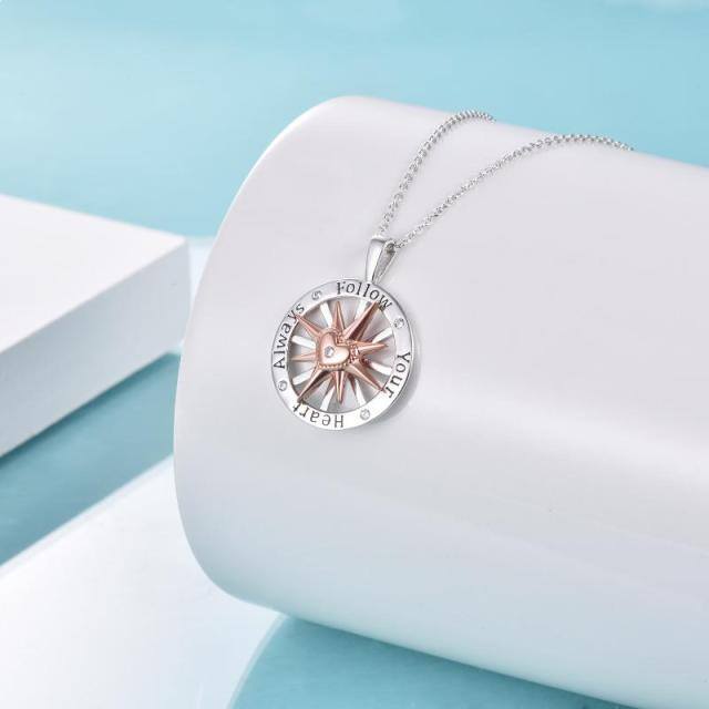 Sterling Silver Two-tone Circular Shaped Cubic Zirconia Compass Pendant Necklace-3