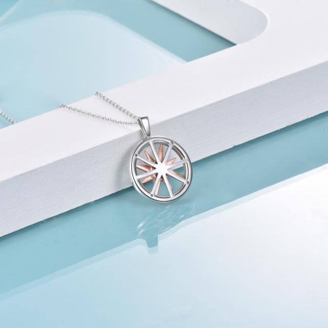 Sterling Silver Two-tone Circular Shaped Cubic Zirconia Compass Pendant Necklace-2