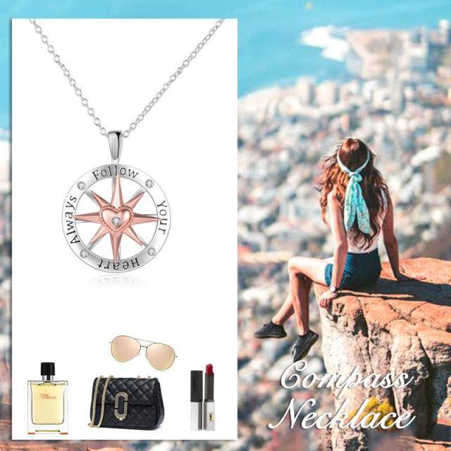 Sterling Silver Two-tone Circular Shaped Cubic Zirconia Compass Pendant Necklace-5