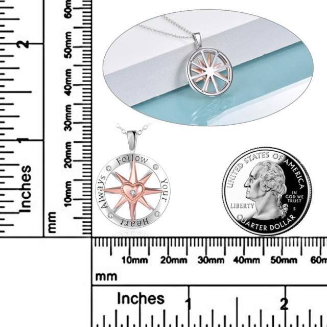 Sterling Silber zweifarbig kreisförmig Zirkonia Kompass Anhänger Halskette-4