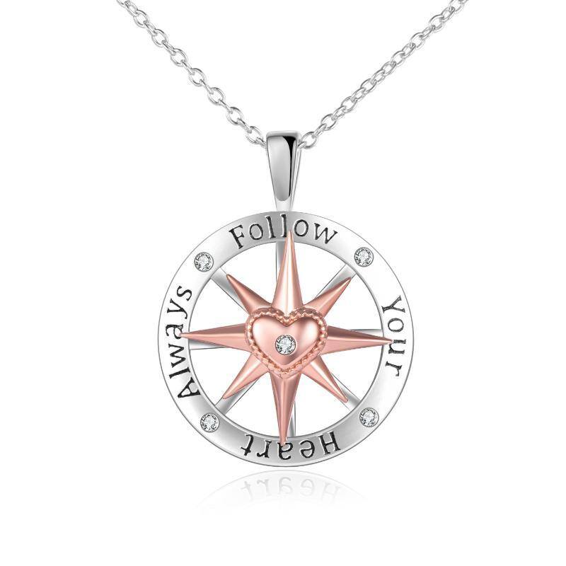 Sterling Silver Two-tone Circular Shaped Cubic Zirconia Compass Pendant Necklace-1
