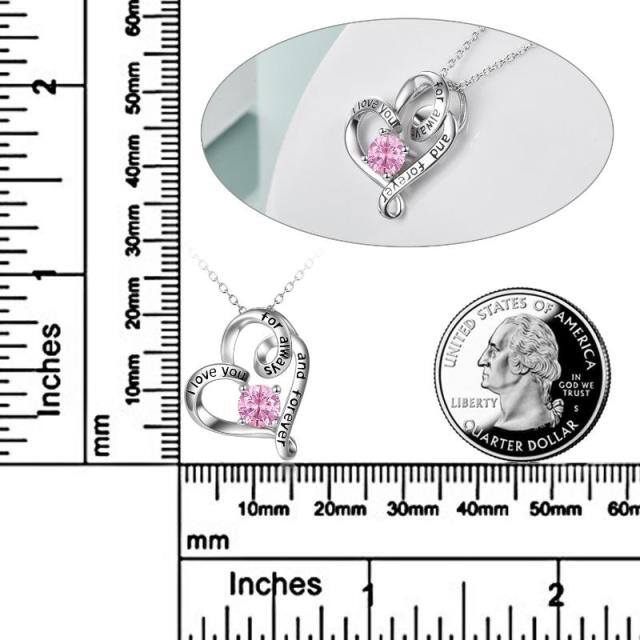 Sterling Silver Circular Shaped Cubic Zirconia Personalized Birthstone & Heart Pendant Necklace with Engraved Word-4