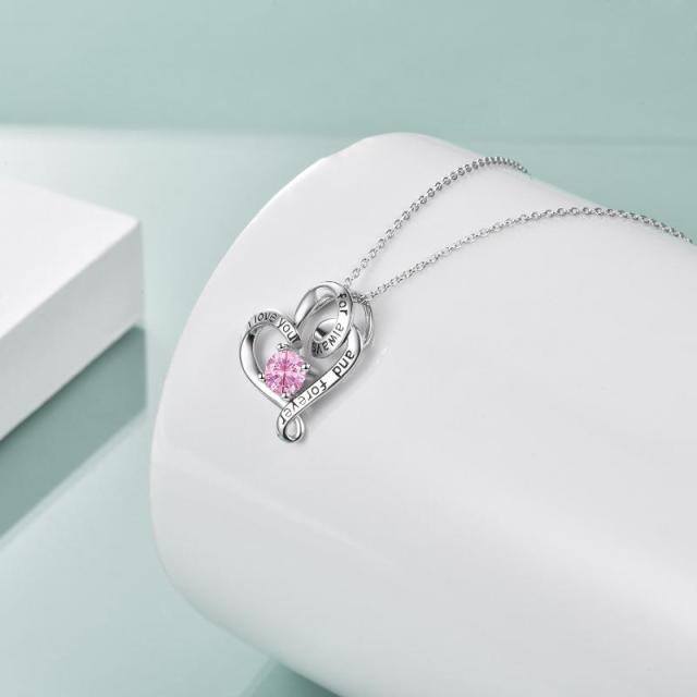 Sterling Silver Circular Shaped Cubic Zirconia Personalized Birthstone & Heart Pendant Necklace with Engraved Word-3