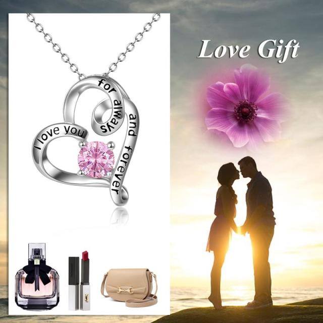 Sterling Silver Circular Shaped Cubic Zirconia Personalized Birthstone & Heart Pendant Necklace with Engraved Word-5