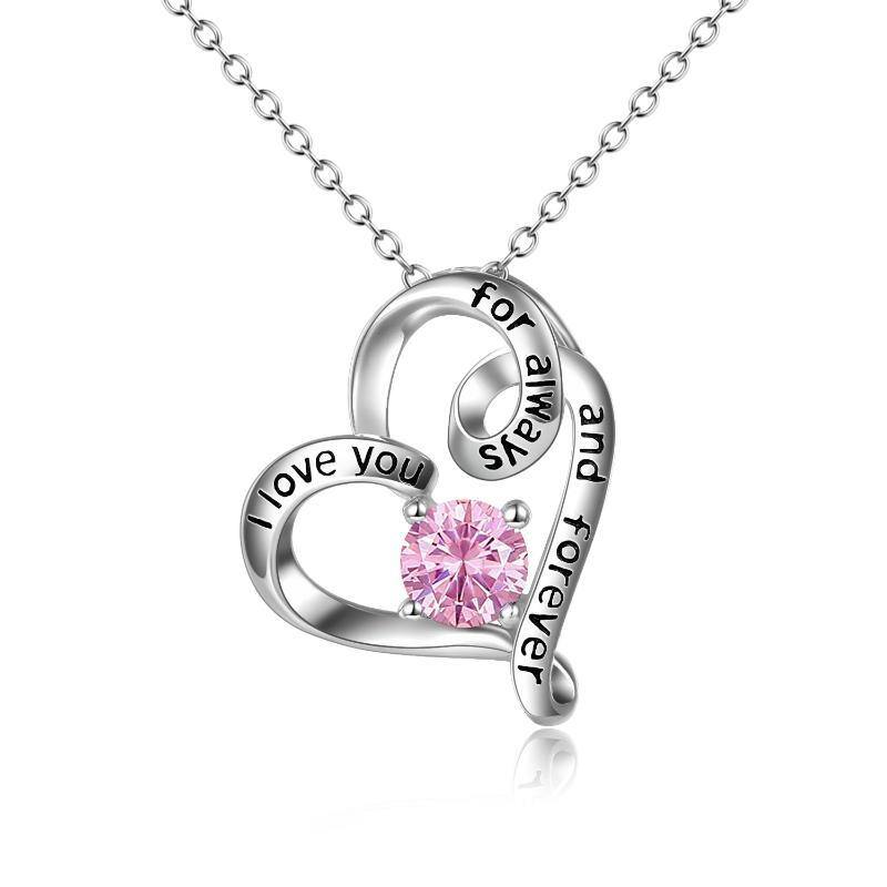 Sterling Silver Circular Shaped Cubic Zirconia Personalized Birthstone & Heart Pendant Necklace with Engraved Word-1